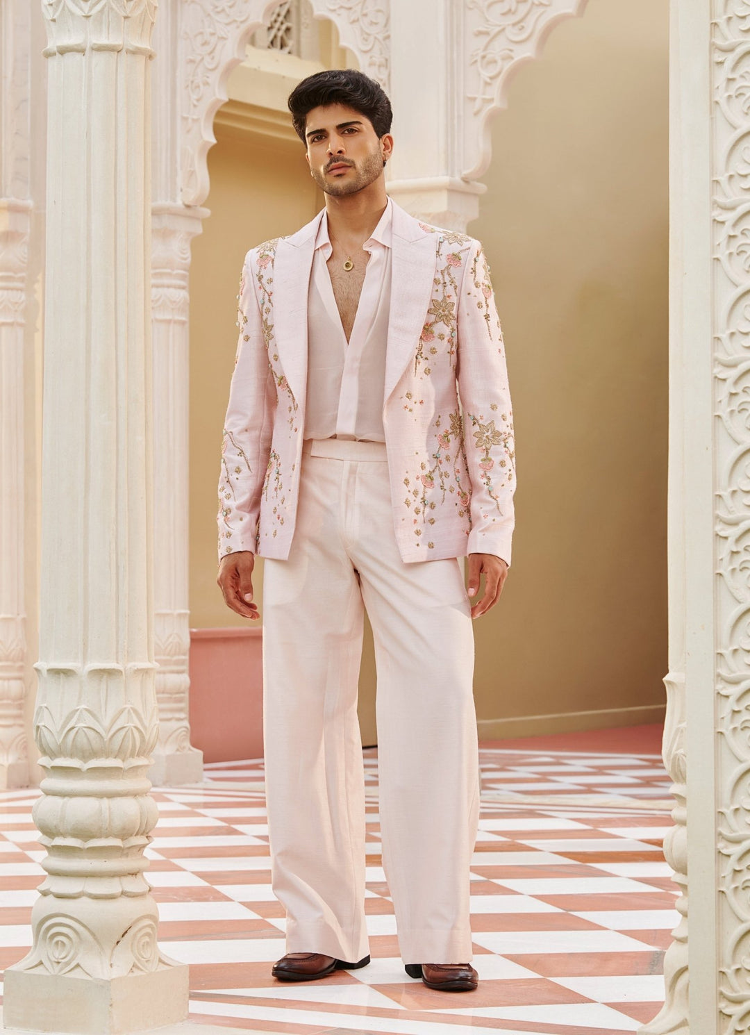 Pastel Pink Embroidered Silk Blazer Set Contrast By Parth - Fabilicious Fashion