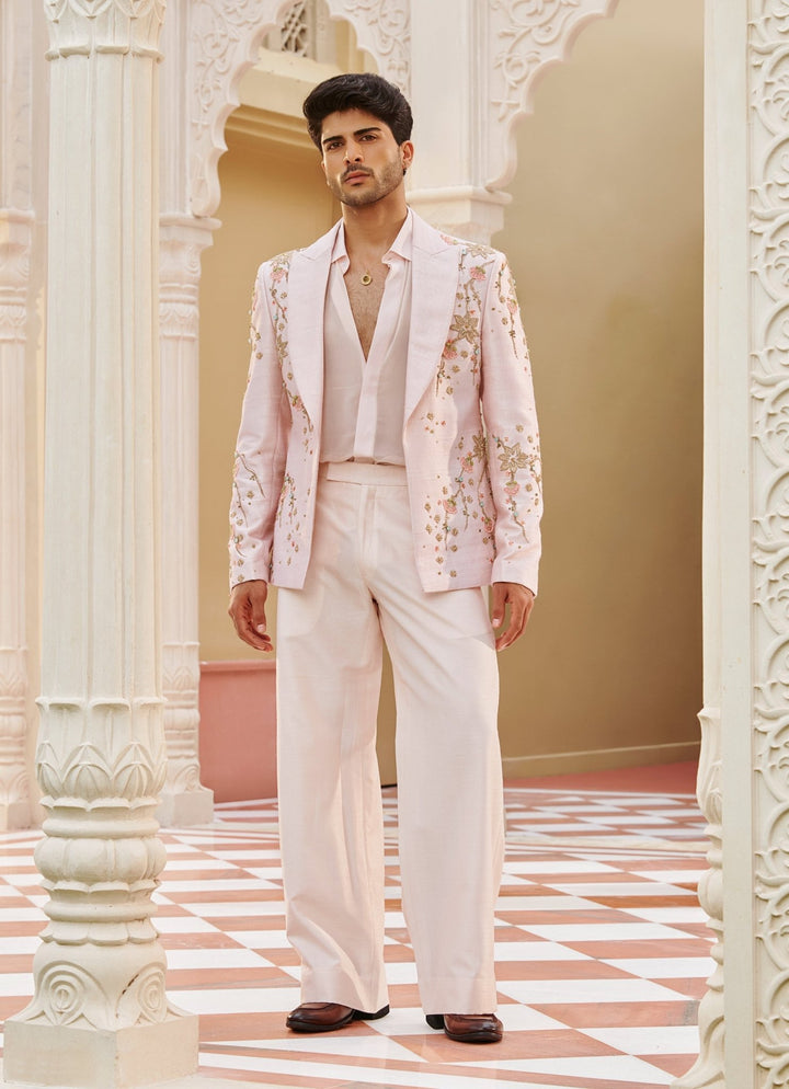 Pastel Pink Embroidered Silk Blazer Set Contrast By Parth - Fabilicious Fashion