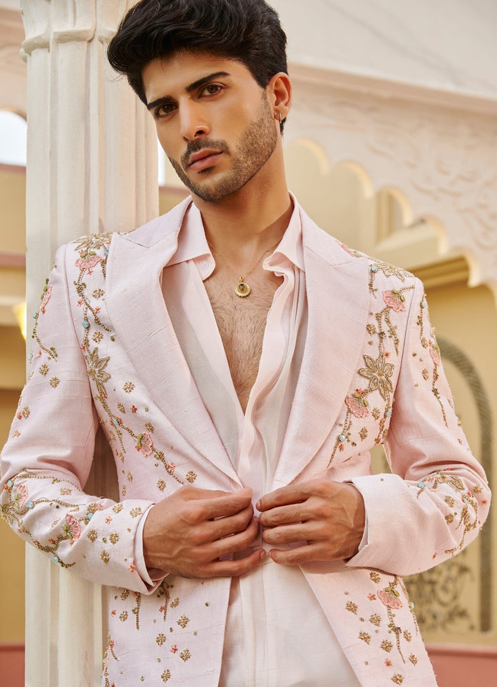 Pastel Pink Embroidered Silk Blazer Set Contrast By Parth - Fabilicious Fashion