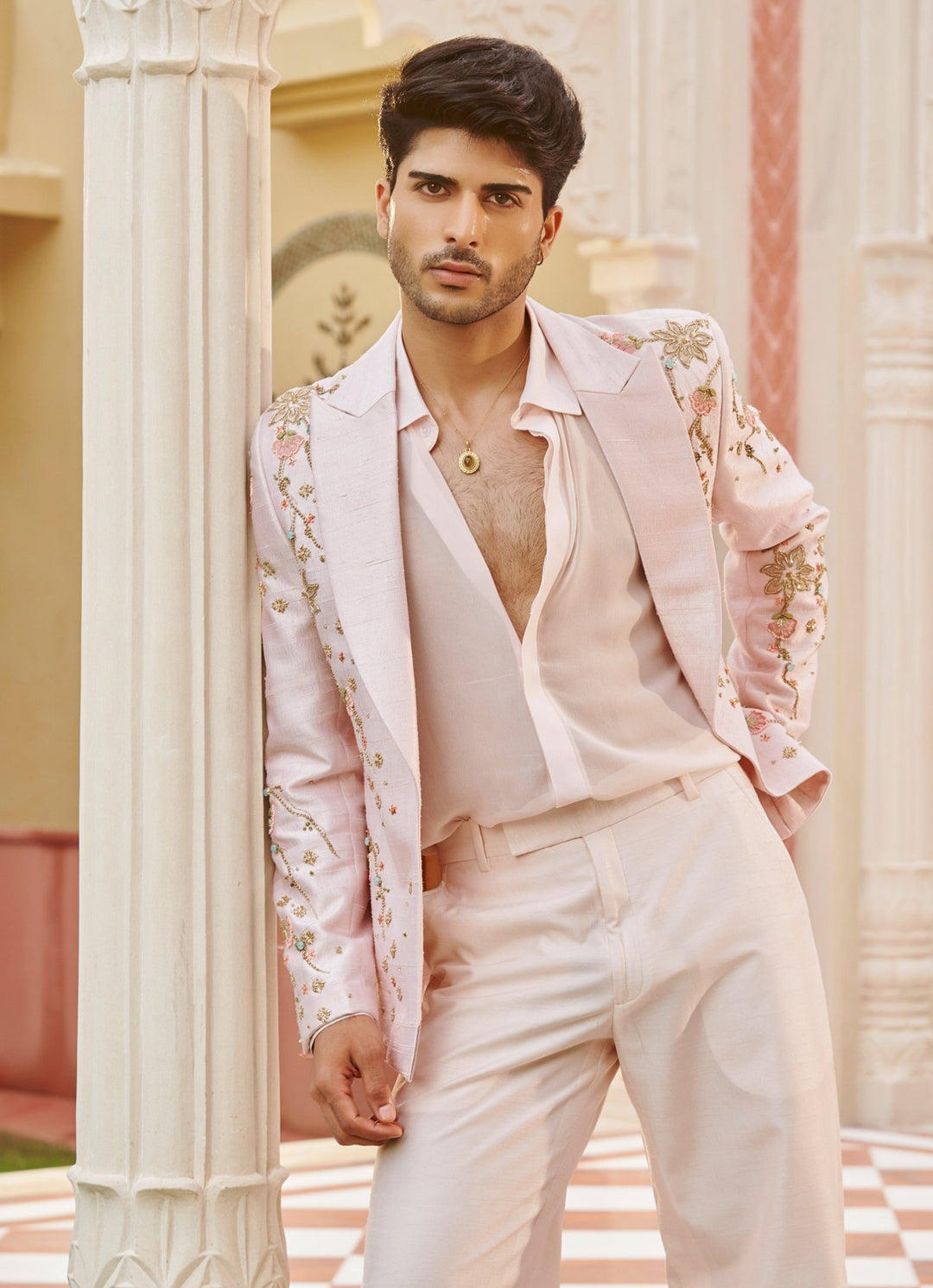 Pastel Pink Embroidered Silk Blazer Set Contrast By Parth - Fabilicious Fashion