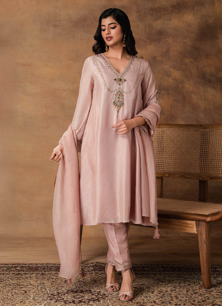 Pastel Pink Embroidered Silk Kurta Pant Set Isha Gupta Tayal - Fabilicious Fashion