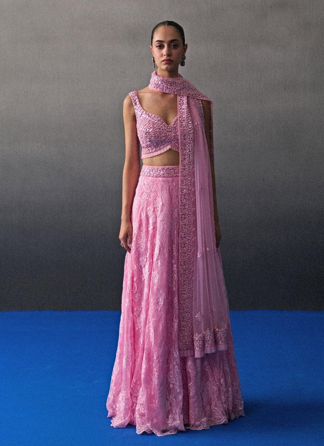 Pastel Pink Floral Lace Lehenga Set Angad Singh - Fabilicious Fashion