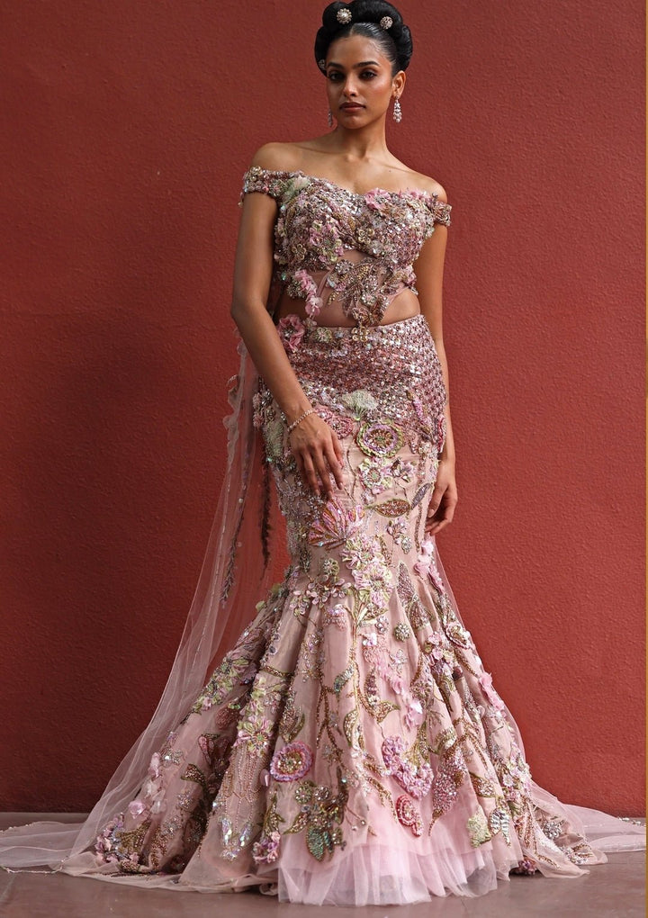 Pastel Pink Floral Mermaid Tissue Lehenga Set Moledro - Fabilicious Fashion