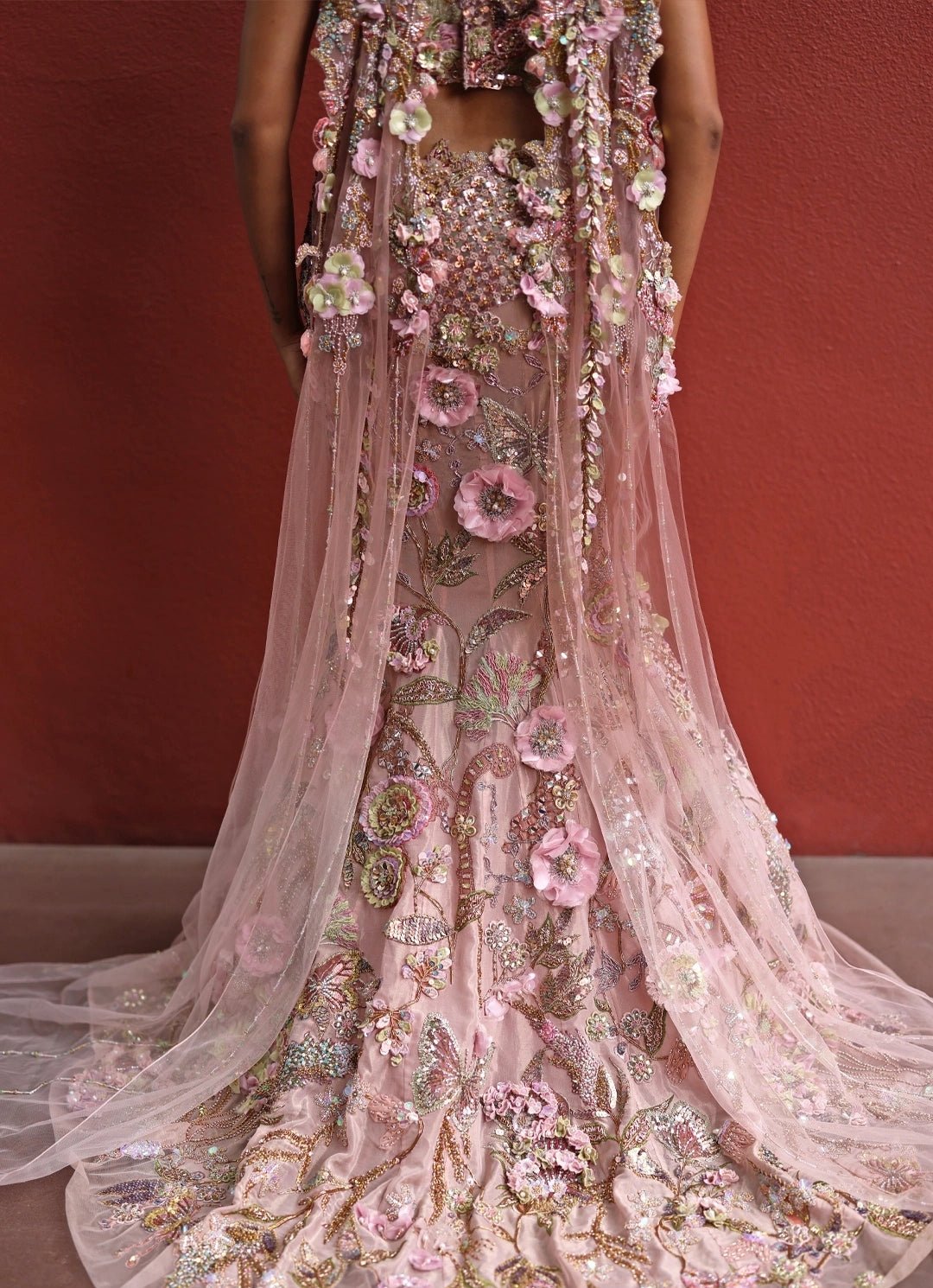 Pastel Pink Floral Mermaid Tissue Lehenga Set Moledro - Fabilicious Fashion