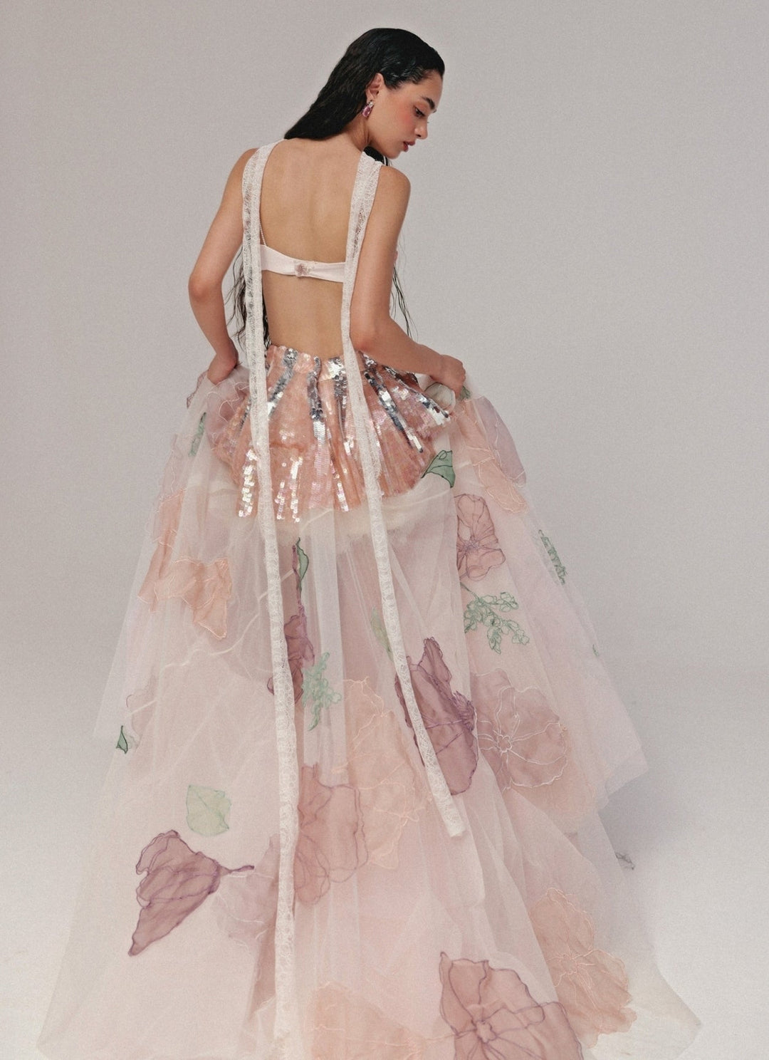 The Little Black Bow Pastel Pink Floral Soft Net Bridal Lehenga SetFabilicious Fashion