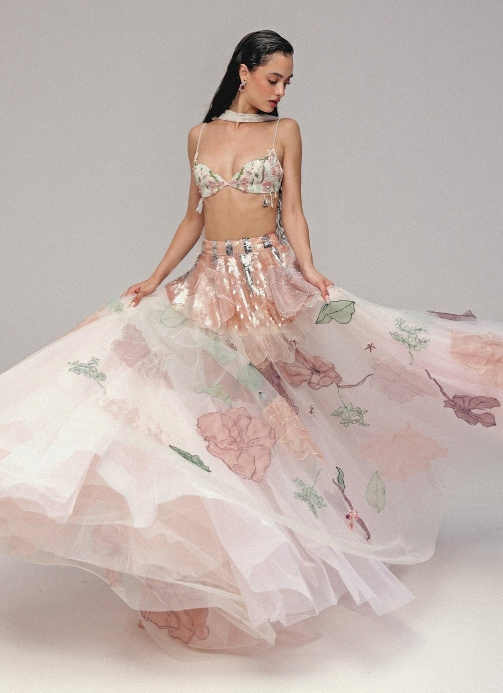 The Little Black Bow Pastel Pink Floral Soft Net Bridal Lehenga SetFabilicious Fashion