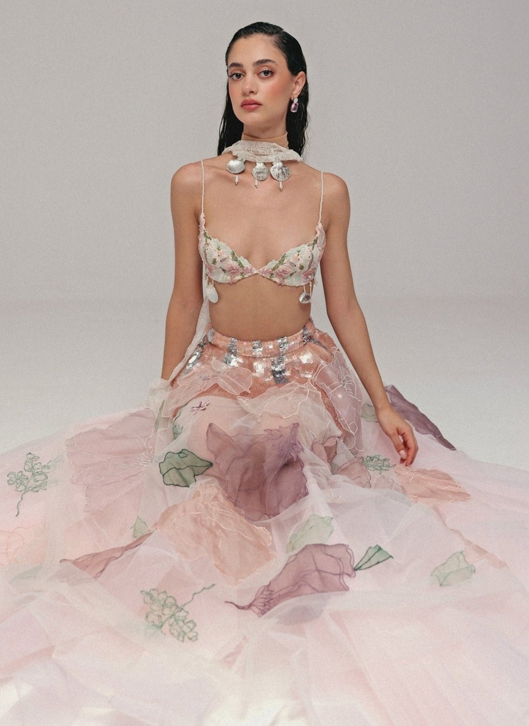 The Little Black Bow Pastel Pink Floral Soft Net Bridal Lehenga SetFabilicious Fashion