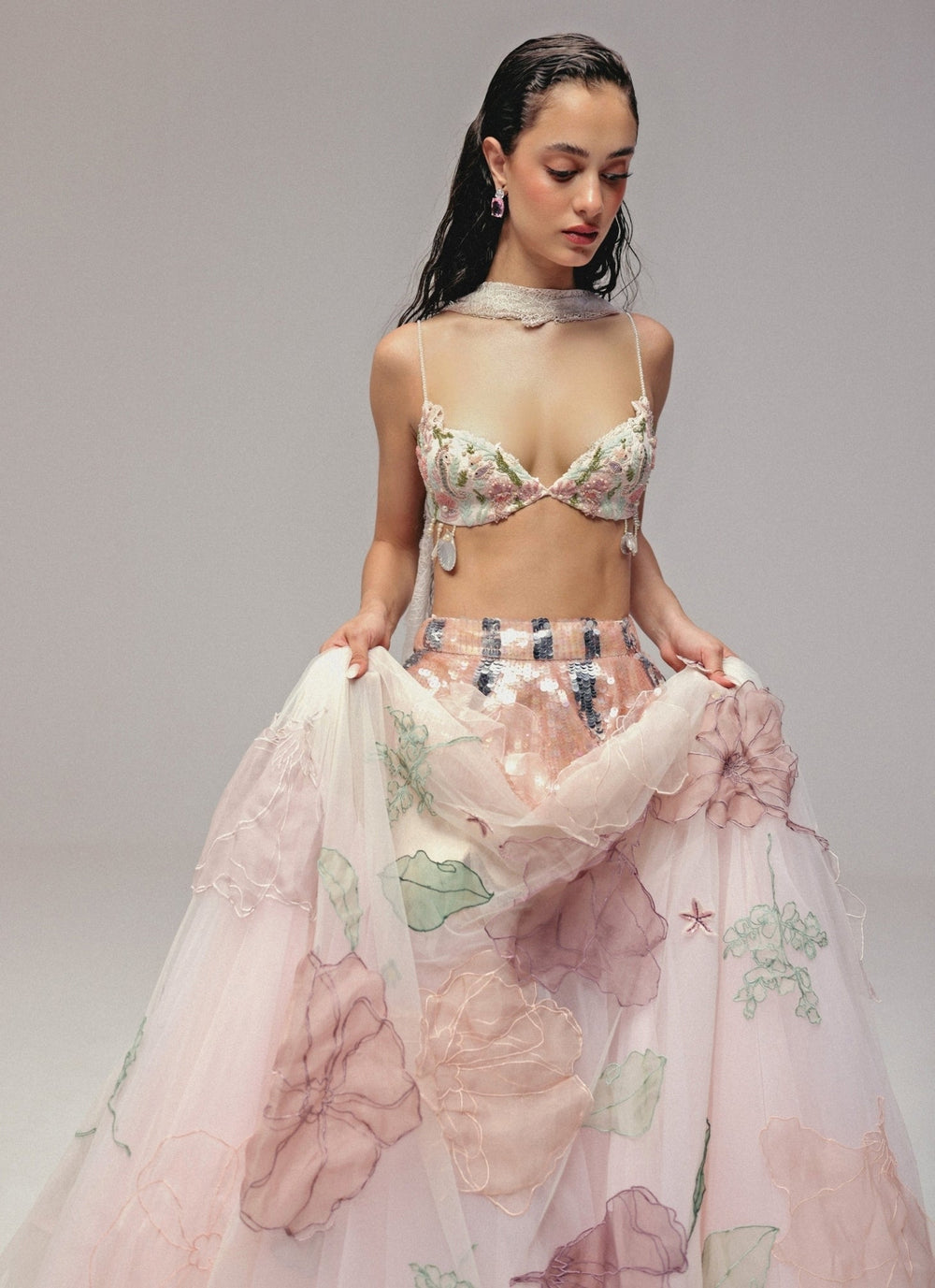 The Little Black Bow Pastel Pink Floral Soft Net Bridal Lehenga SetFabilicious Fashion