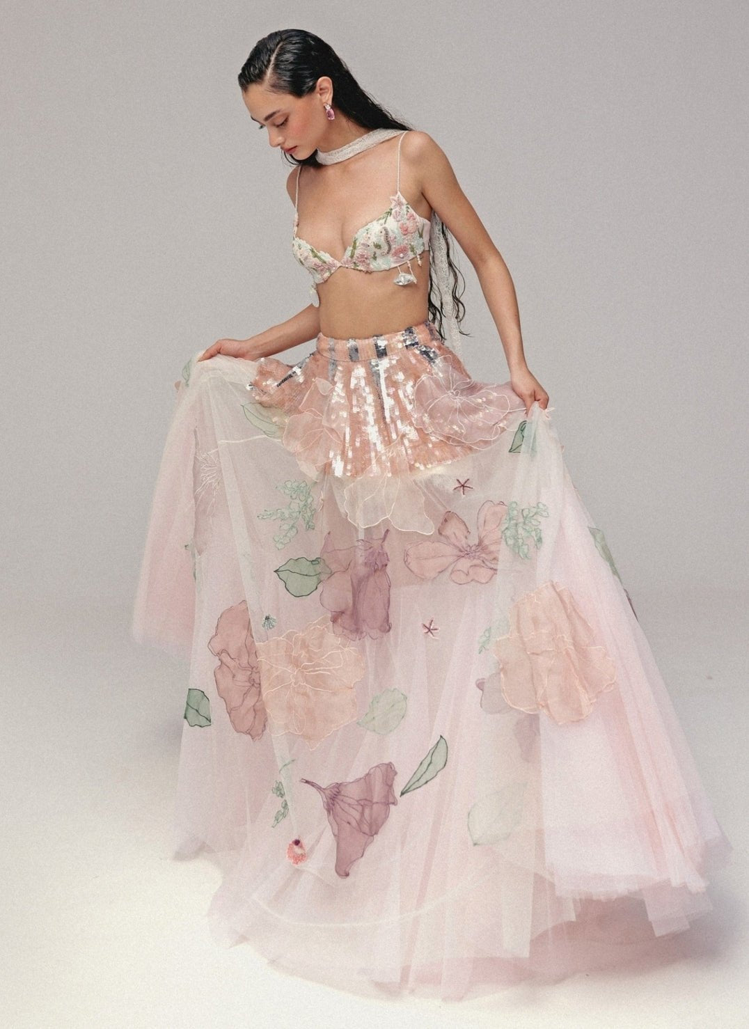 The Little Black Bow Pastel Pink Floral Soft Net Bridal Lehenga SetFabilicious Fashion