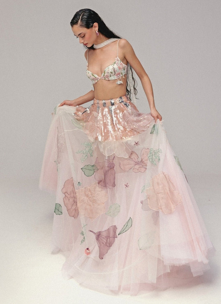 The Little Black Bow Pastel Pink Floral Soft Net Bridal Lehenga SetFabilicious Fashion
