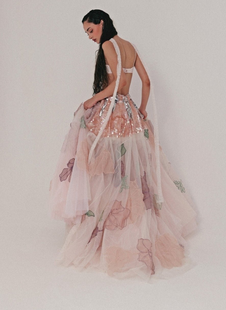The Little Black Bow Pastel Pink Floral Soft Net Bridal Lehenga SetFabilicious Fashion