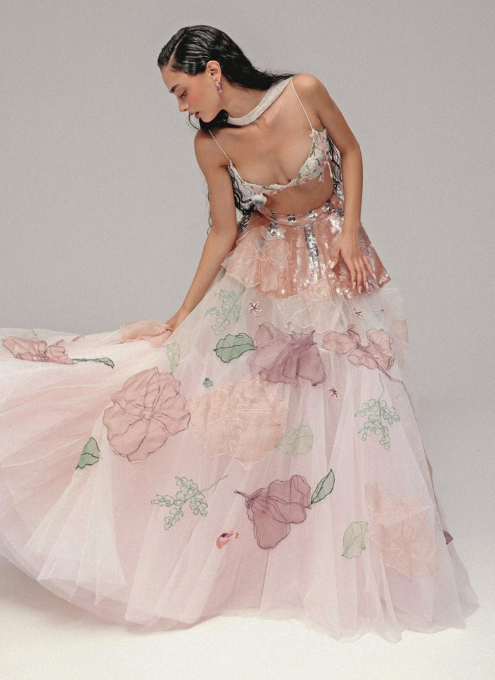 The Little Black Bow Pastel Pink Floral Soft Net Bridal Lehenga SetFabilicious Fashion