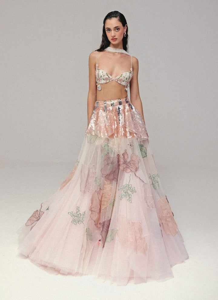 The Little Black Bow Pastel Pink Floral Soft Net Bridal Lehenga SetFabilicious Fashion