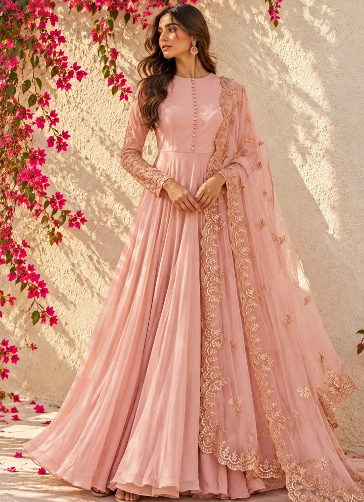 Anisha Shetty Pastel Pink Georgette Anarkali SetFabilicious Fashion