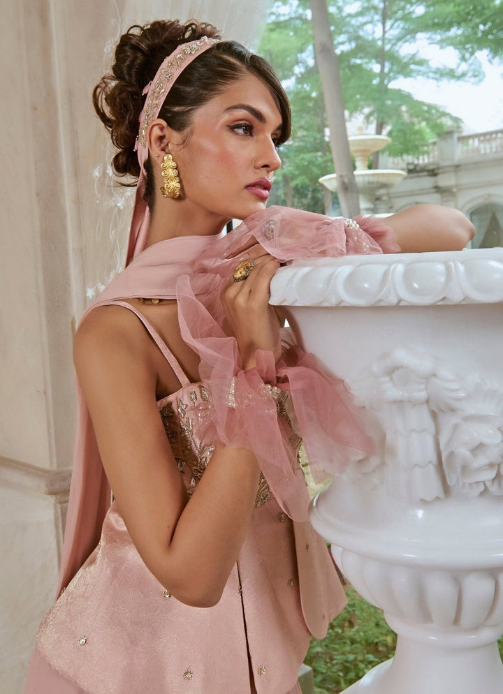 Pastel Pink Georgette Peplum Saree Set Paulmi and Harsh - Fabilicious Fashion