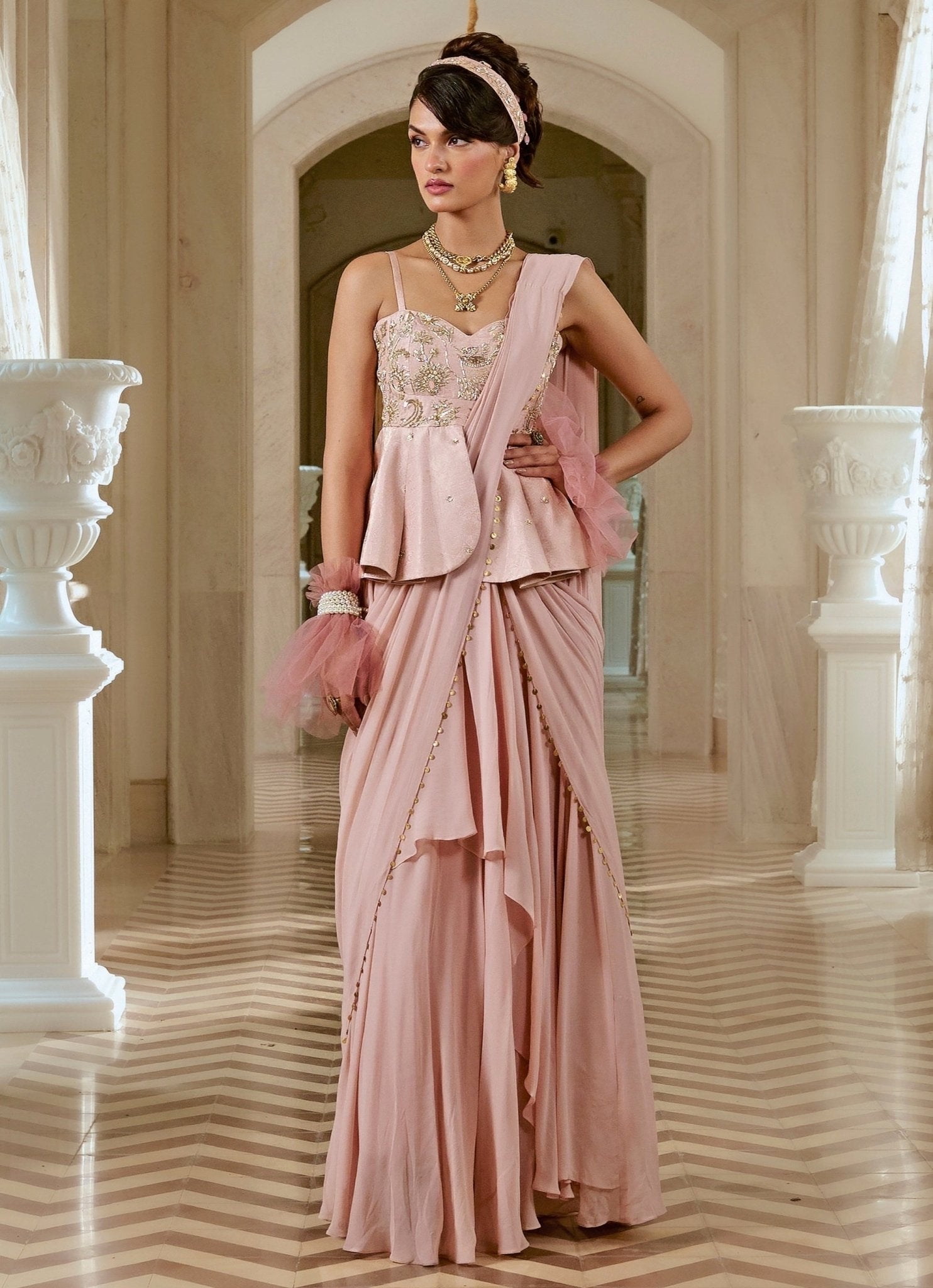 Pastel pink georgette peplum saree set for elegant party wear event