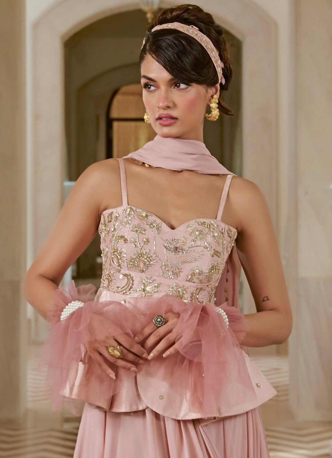 Pastel Pink Georgette Peplum Saree Set Paulmi and Harsh - Fabilicious Fashion