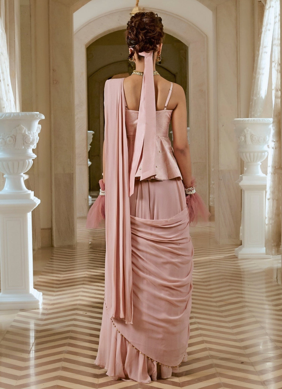 Pastel Pink Georgette Peplum Saree Set Paulmi and Harsh - Fabilicious Fashion