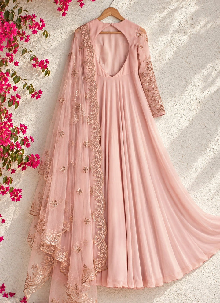 Anisha Shetty Pastel Pink Gold Embroidered Georgette Anarkali SetFabilicious Fashion