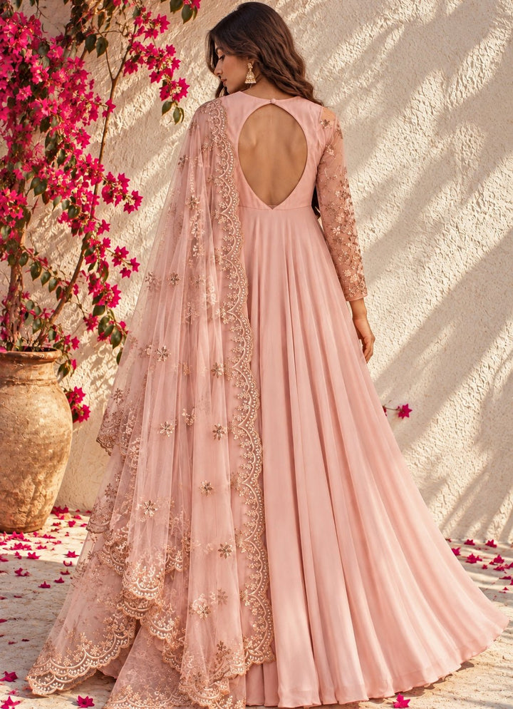 Anisha Shetty Pastel Pink Gold Embroidered Georgette Anarkali SetFabilicious Fashion
