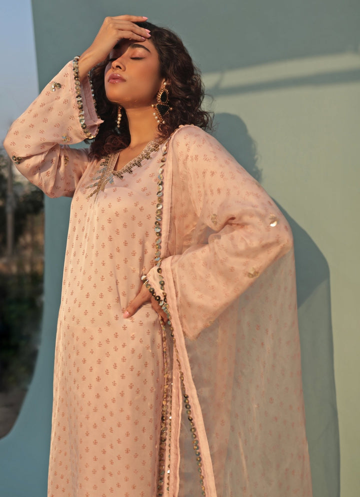Pastel Pink Hand - Blocked Anti - Fit Kurta Pant Set Prahnaaya - Fabilicious Fashion