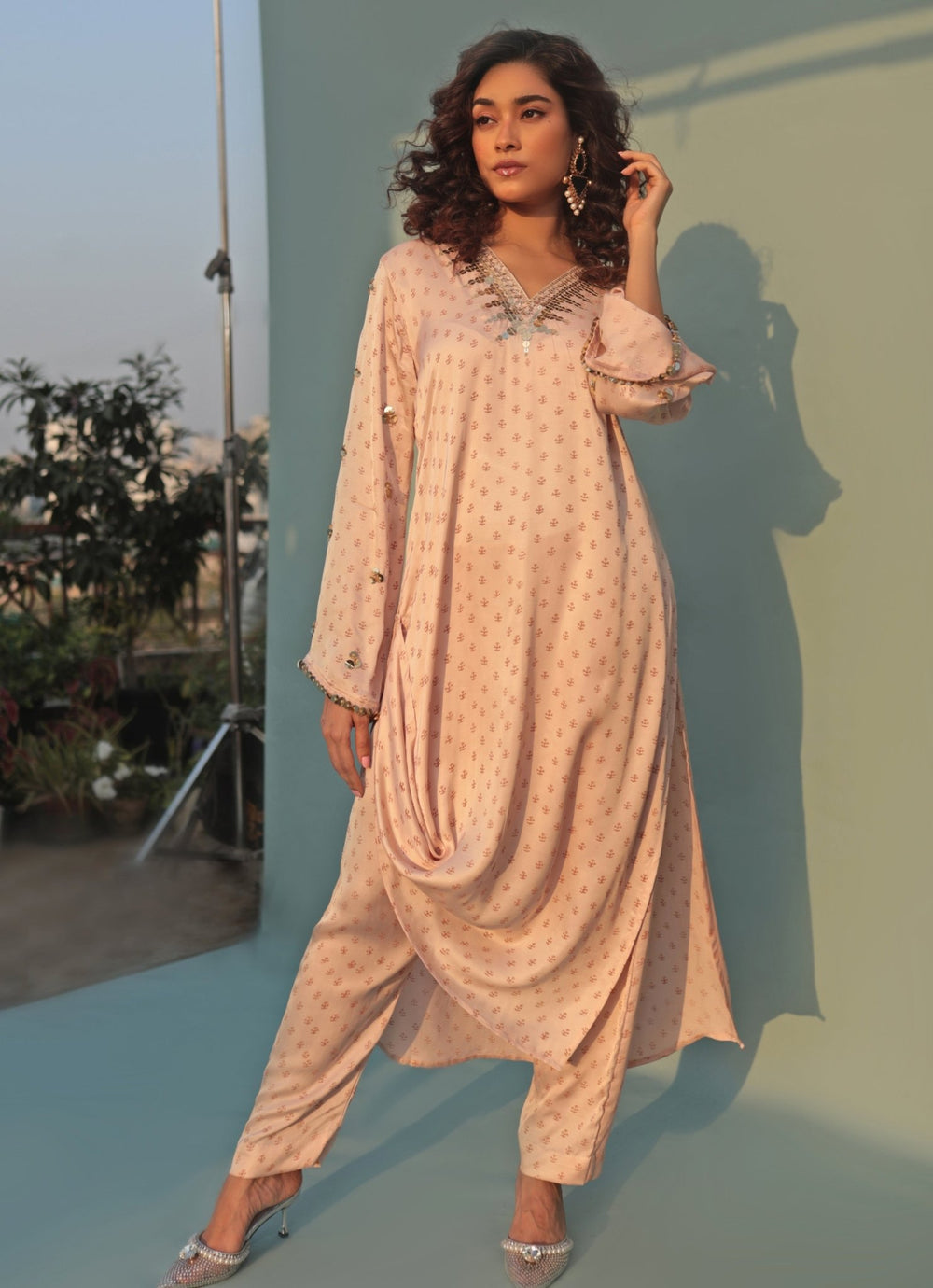 Pastel Pink Hand - Blocked Anti - Fit Kurta Pant Set Prahnaaya - Fabilicious Fashion