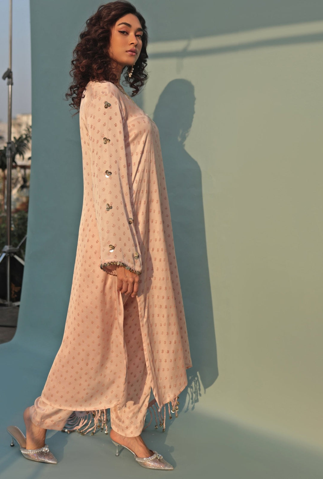 Pastel Pink Hand - Blocked Anti - Fit Kurta Pant Set Prahnaaya - Fabilicious Fashion