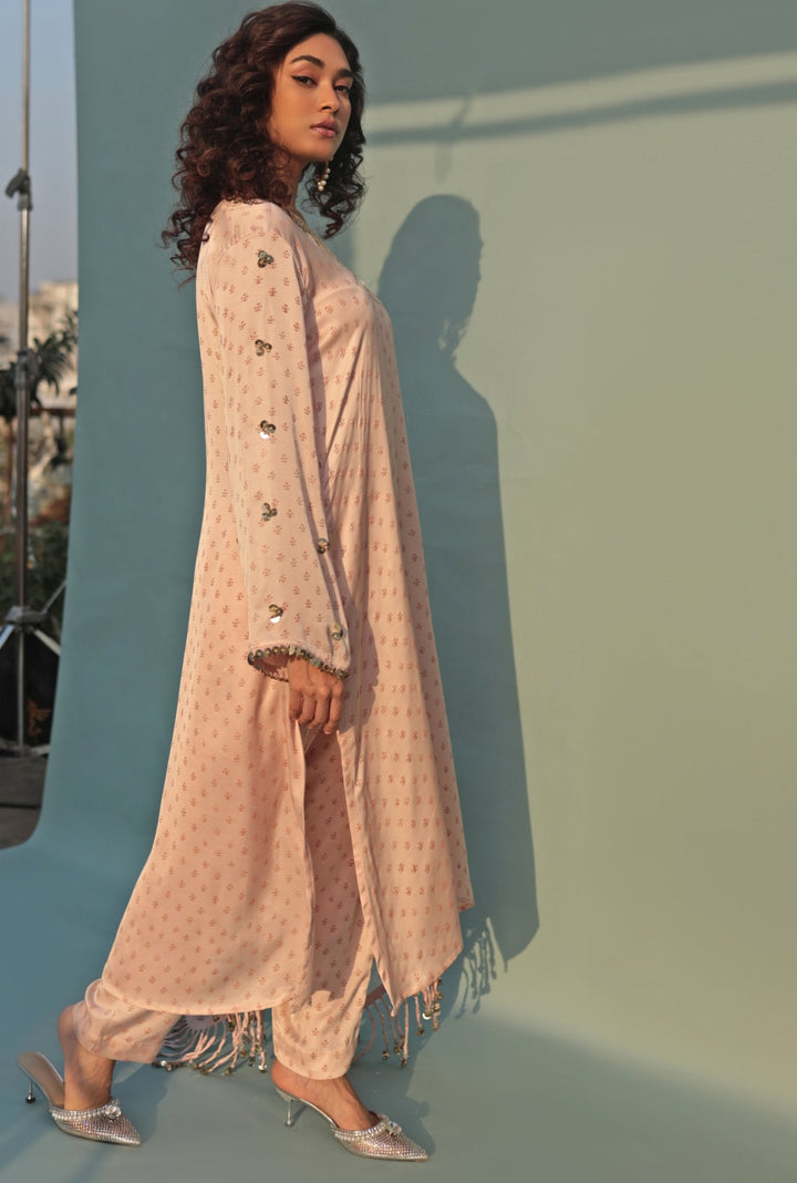 Pastel Pink Hand - Blocked Anti - Fit Kurta Pant Set Prahnaaya - Fabilicious Fashion
