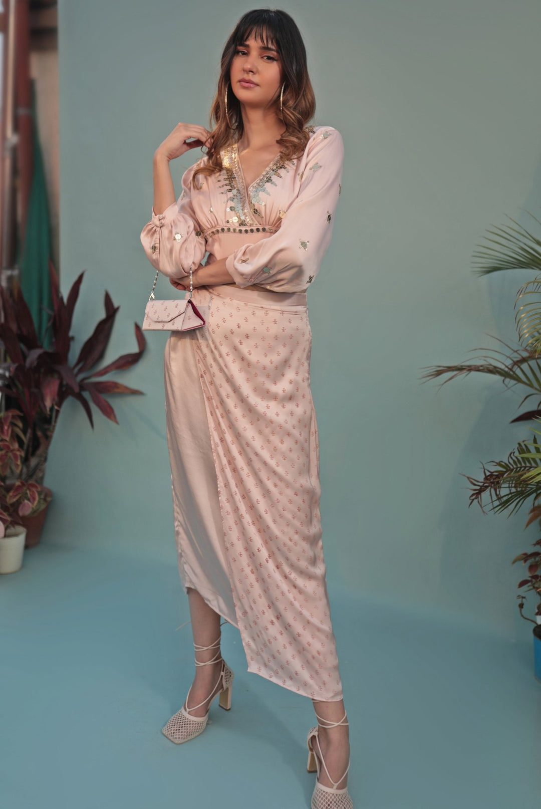 Pastel Pink Hand - Embroidered Crop Top Skirt Set Prahnaaya - Fabilicious Fashion