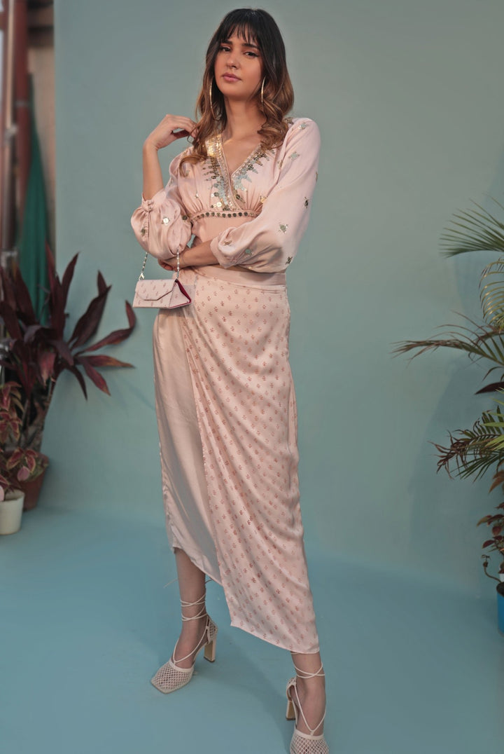 Pastel Pink Hand - Embroidered Crop Top Skirt Set Prahnaaya - Fabilicious Fashion