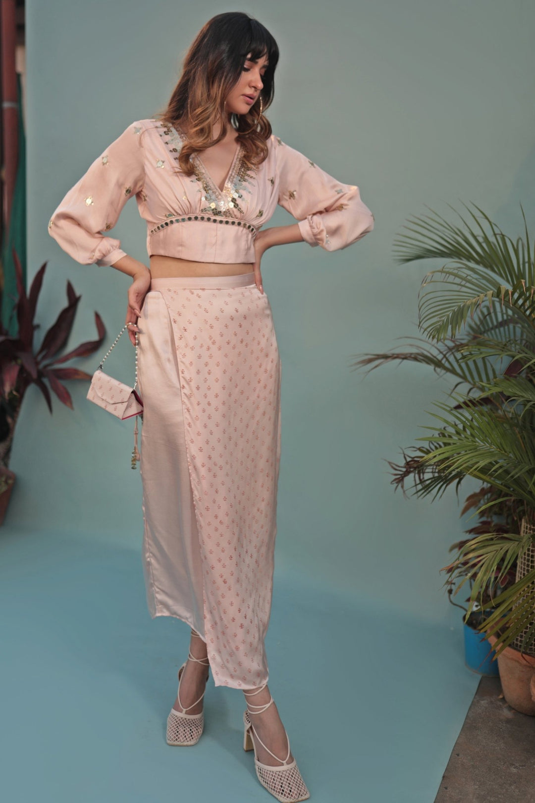 Pastel Pink Hand - Embroidered Crop Top Skirt Set Prahnaaya - Fabilicious Fashion