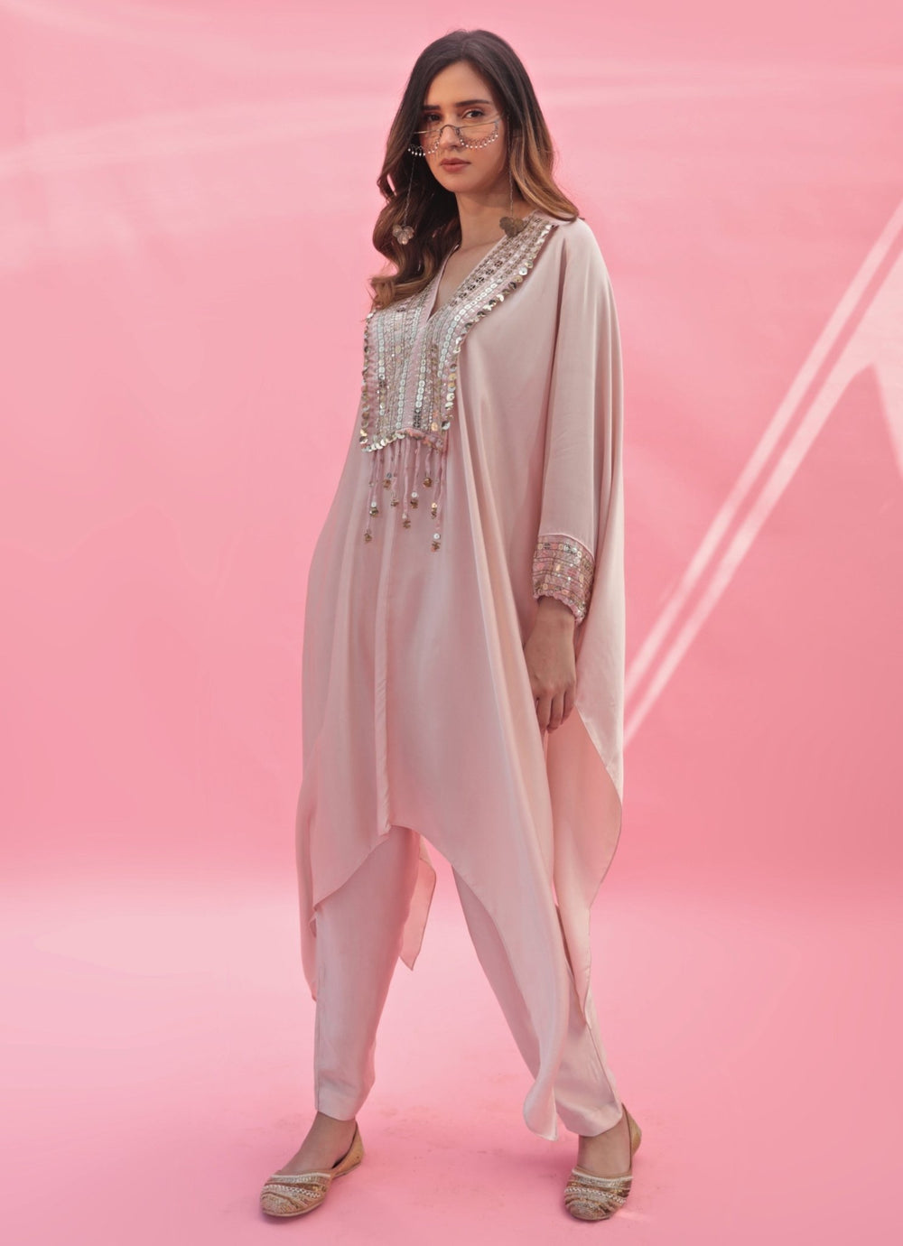 Pastel Pink Hand Embroidered Kaftan Pant Set Prahnaaya - Fabilicious Fashion