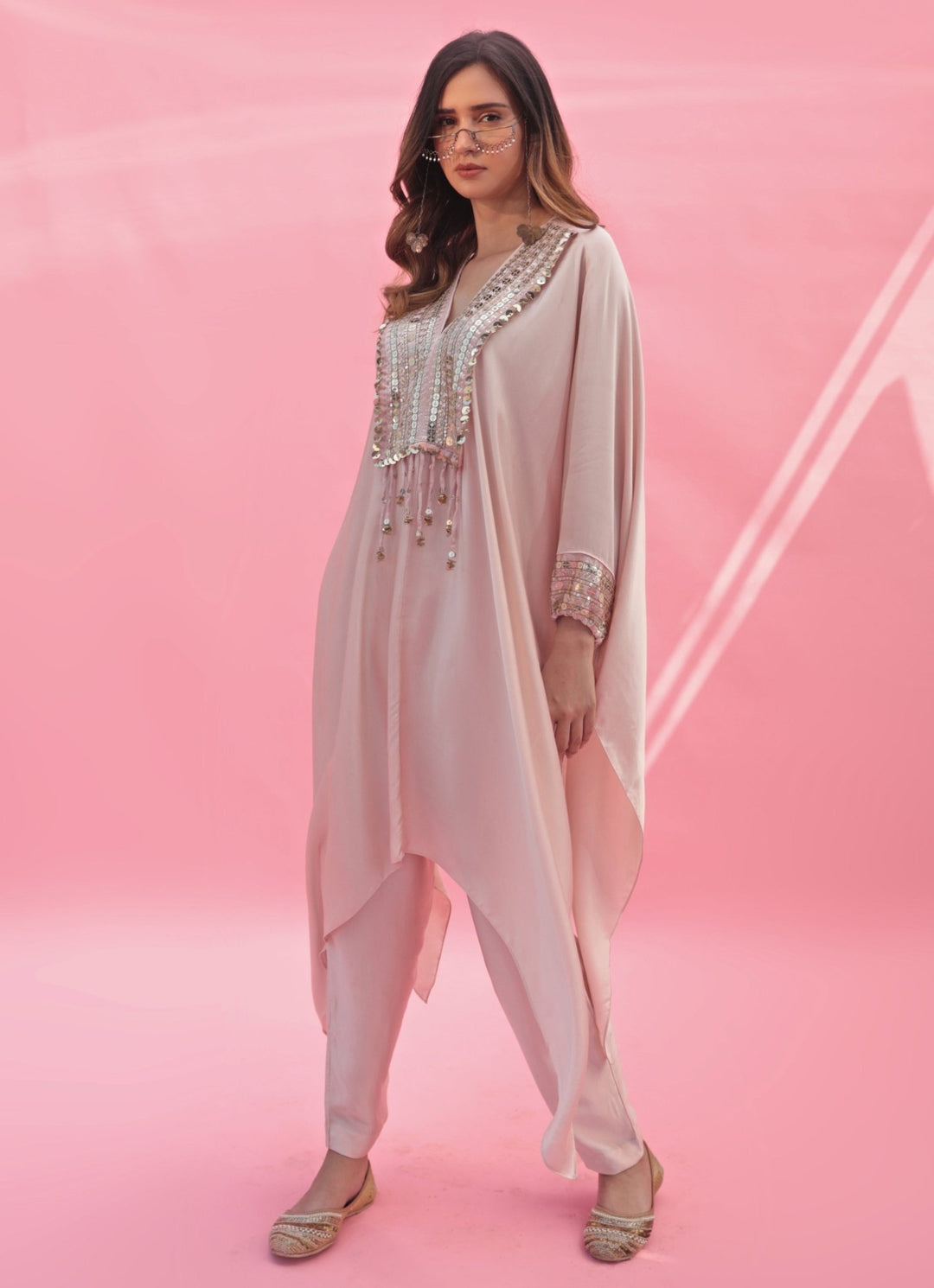 Pastel Pink Hand Embroidered Kaftan Pant Set Prahnaaya - Fabilicious Fashion