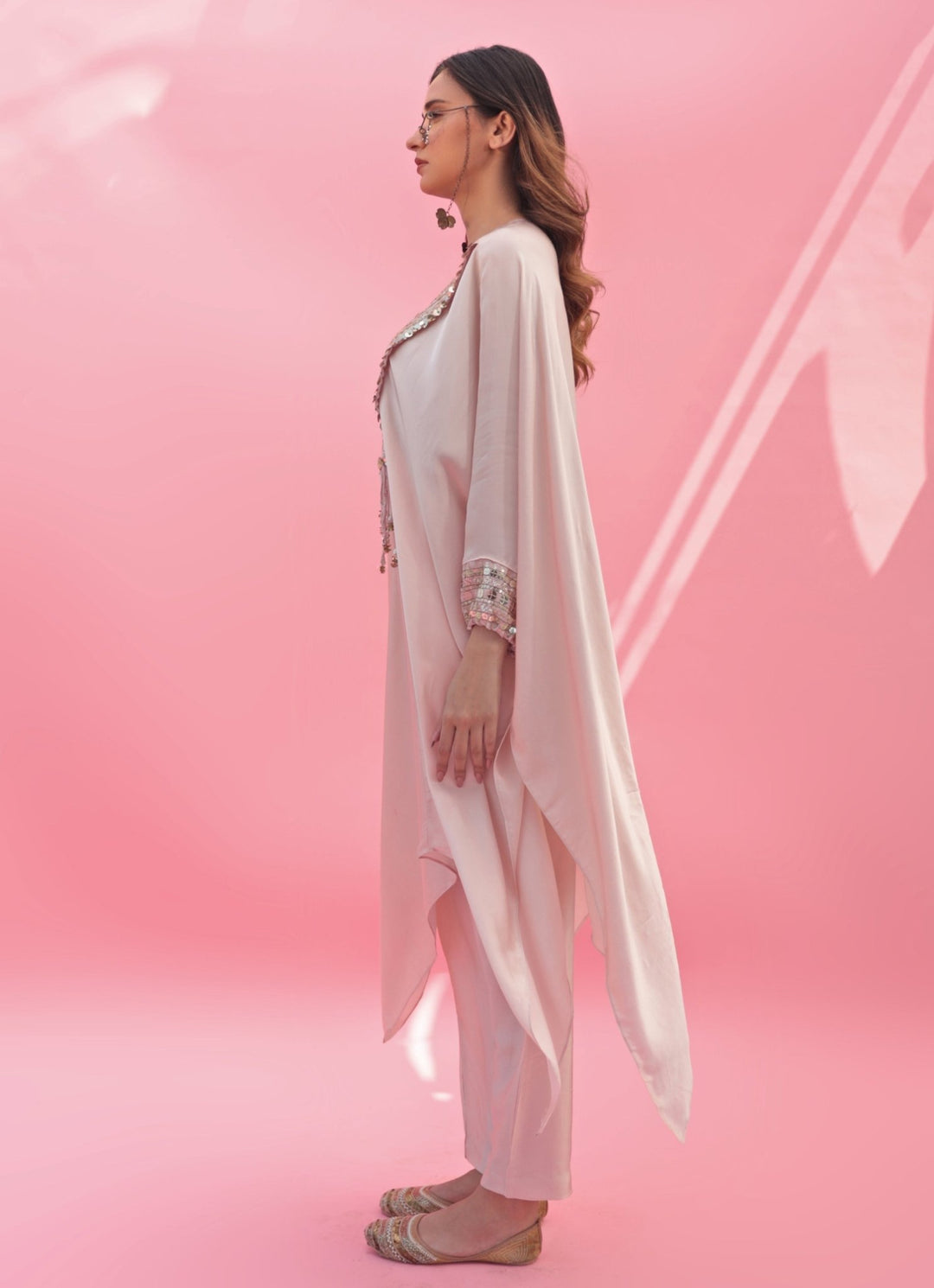 Pastel Pink Hand Embroidered Kaftan Pant Set Prahnaaya - Fabilicious Fashion