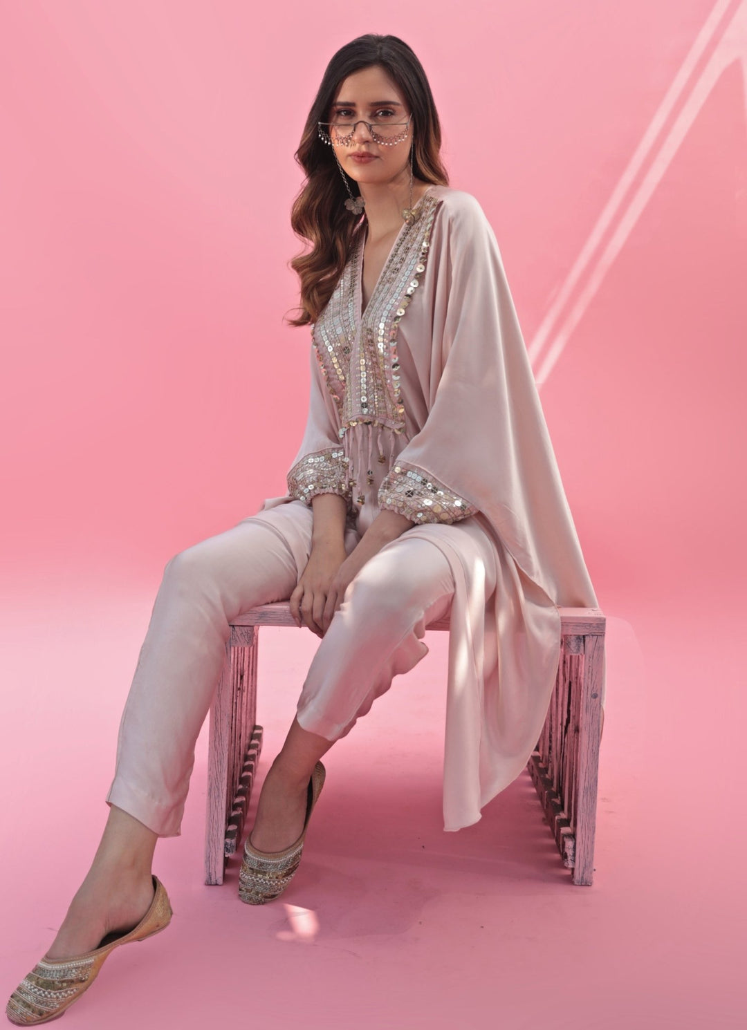 Pastel Pink Hand Embroidered Kaftan Pant Set Prahnaaya - Fabilicious Fashion