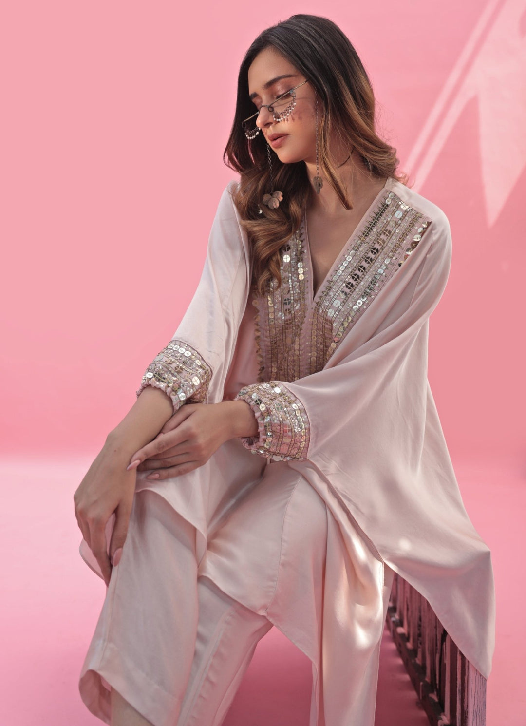 Pastel Pink Hand Embroidered Kaftan Pant Set Prahnaaya - Fabilicious Fashion