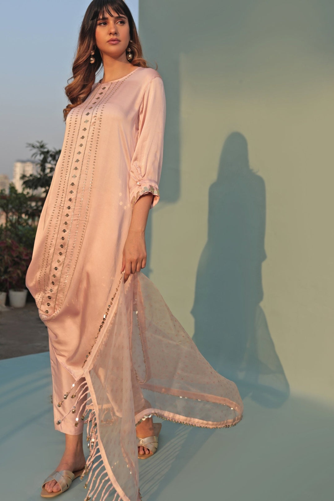 Pastel Pink Hand - Embroidered Kurta Pant Set Prahnaaya - Fabilicious Fashion