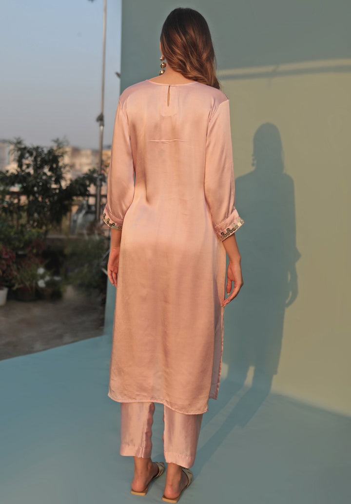 Pastel Pink Hand - Embroidered Kurta Set Prahnaaya - Fabilicious Fashion
