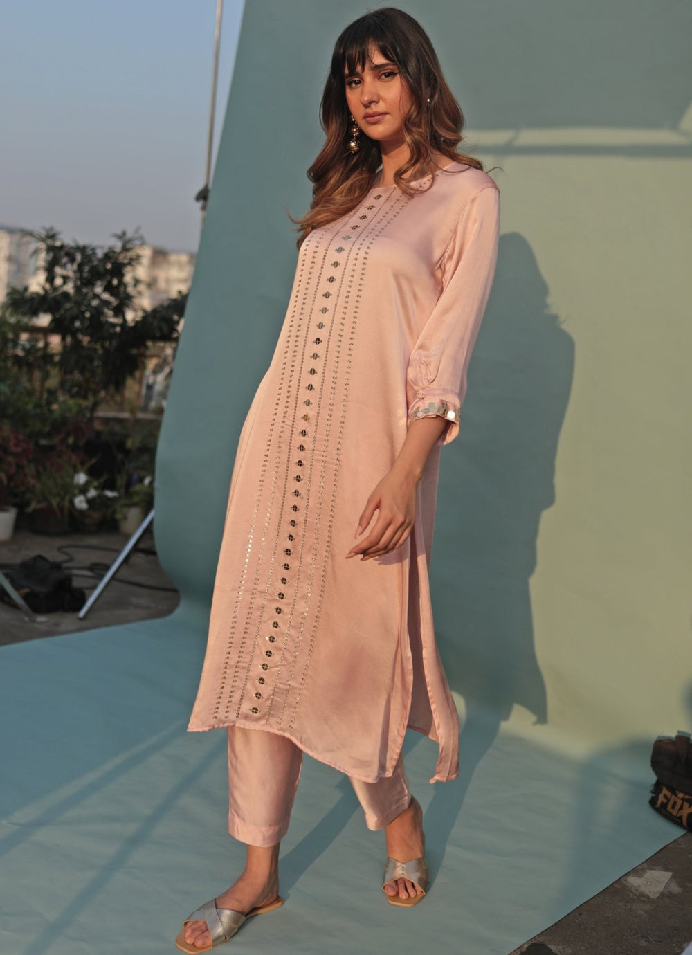 Pastel Pink Hand - Embroidered Kurta Set Prahnaaya - Fabilicious Fashion