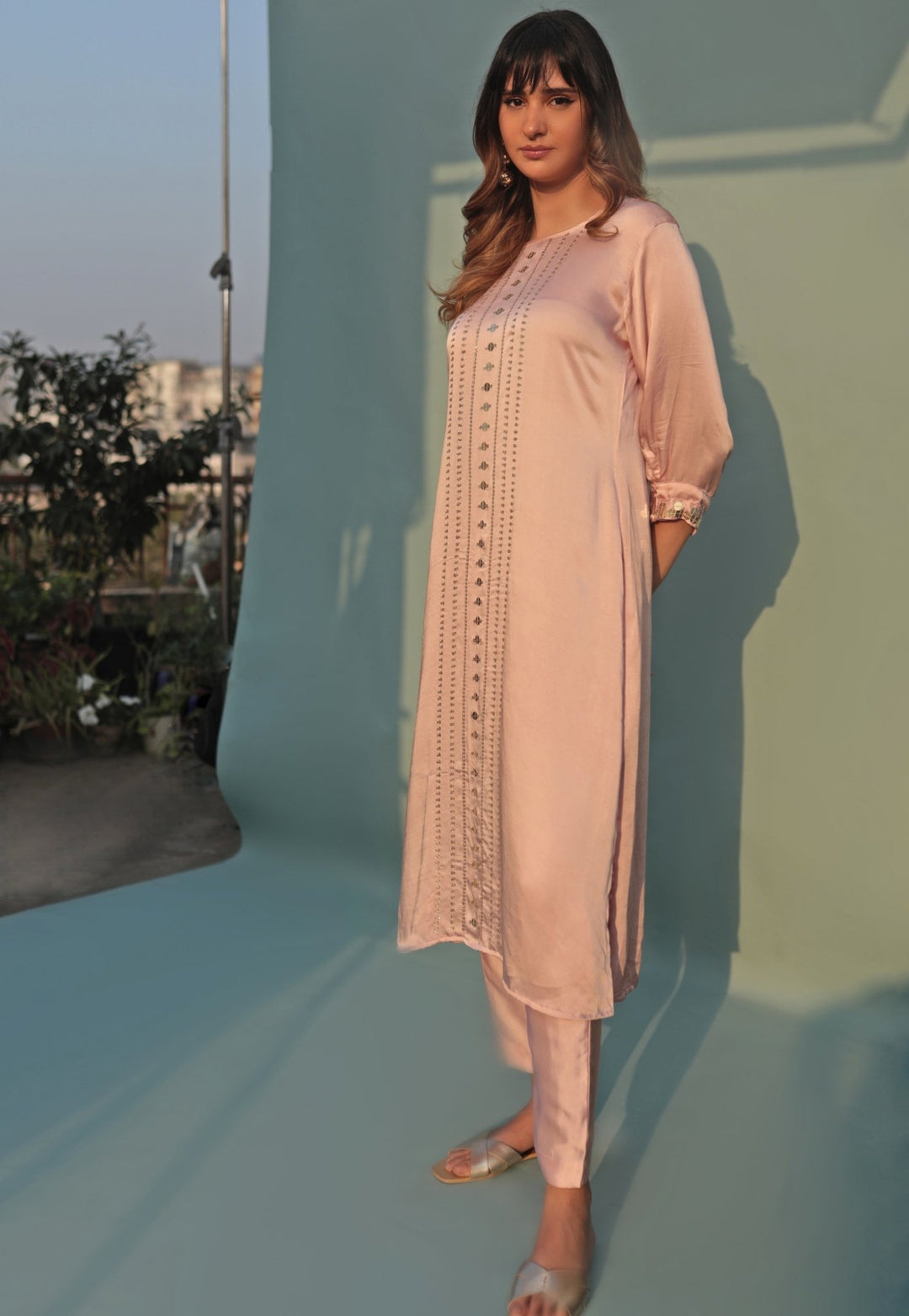 Pastel Pink Hand - Embroidered Kurta Set Prahnaaya - Fabilicious Fashion