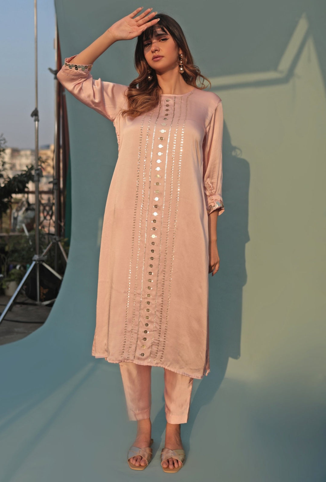 Pastel Pink Hand - Embroidered Kurta Set Prahnaaya - Fabilicious Fashion