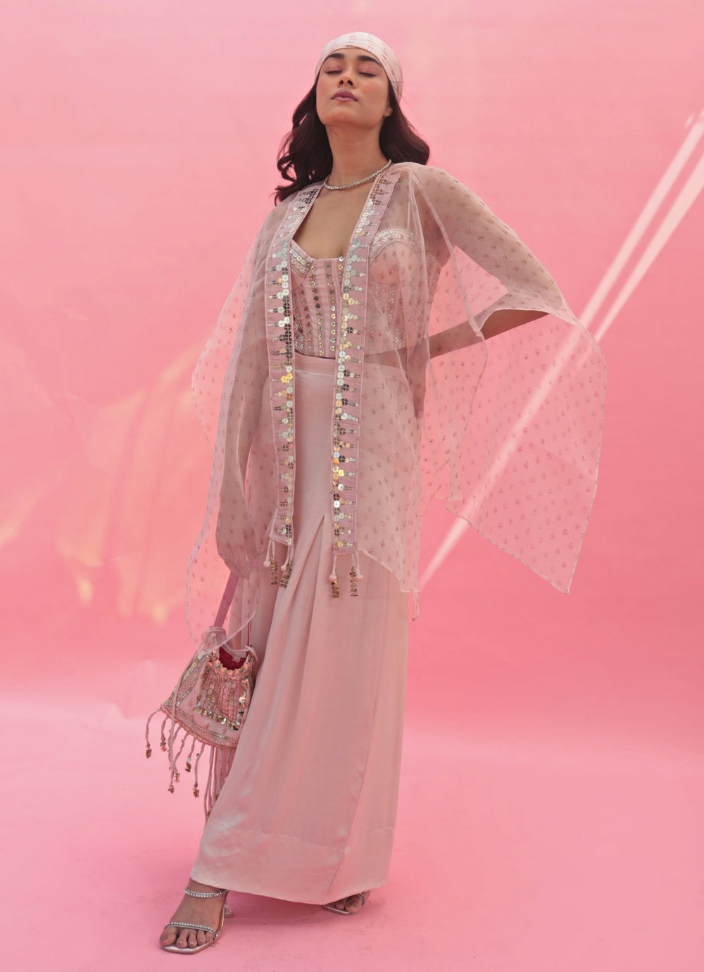 Pastel Pink Hand Embroidered Pant Set With Cape Prahnaaya - Fabilicious Fashion