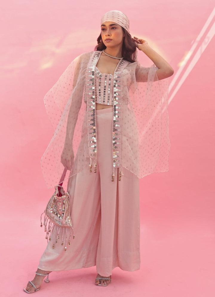 Pastel Pink Hand Embroidered Pant Set With Cape Prahnaaya - Fabilicious Fashion