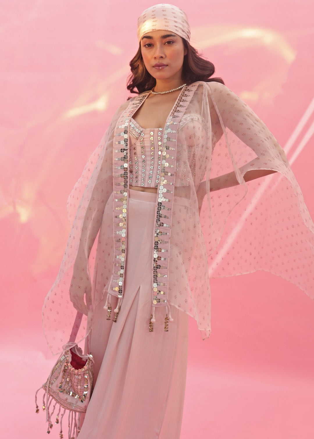 Pastel Pink Hand Embroidered Pant Set With Cape Prahnaaya - Fabilicious Fashion