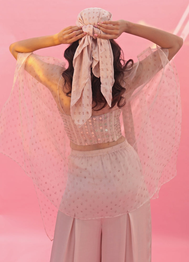 Pastel Pink Hand Embroidered Pant Set With Cape Prahnaaya - Fabilicious Fashion