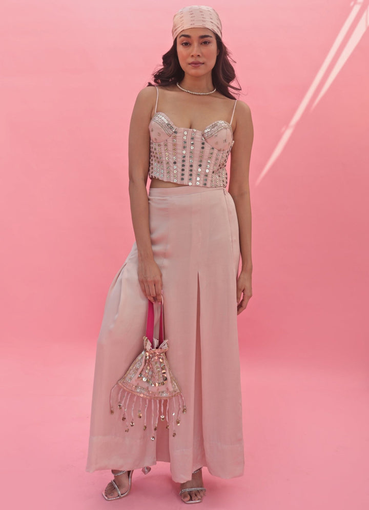 Pastel Pink Hand Embroidered Pant Set With Cape Prahnaaya - Fabilicious Fashion