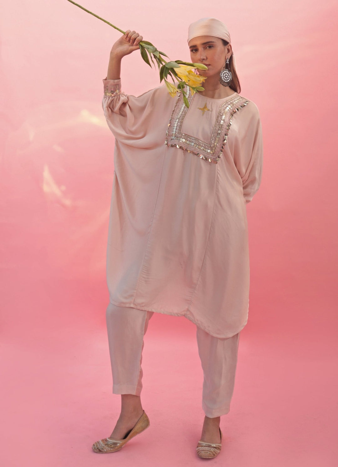 Pastel Pink Hand Embroidered Satin Kurta Pant Set Prahnaaya - Fabilicious Fashion
