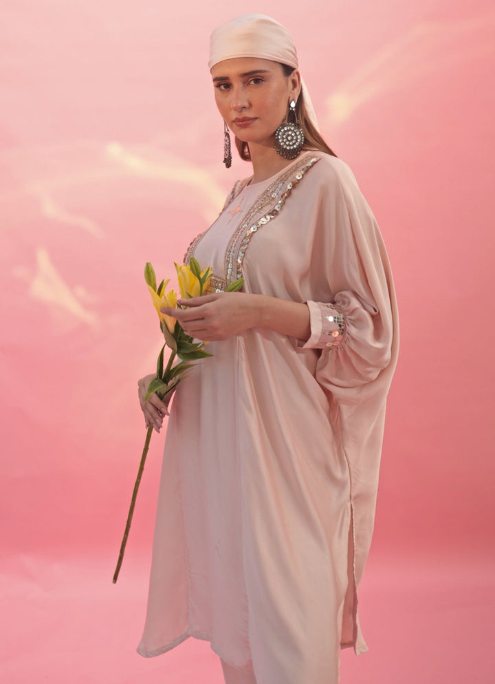 Pastel Pink Hand Embroidered Satin Kurta Pant Set Prahnaaya - Fabilicious Fashion