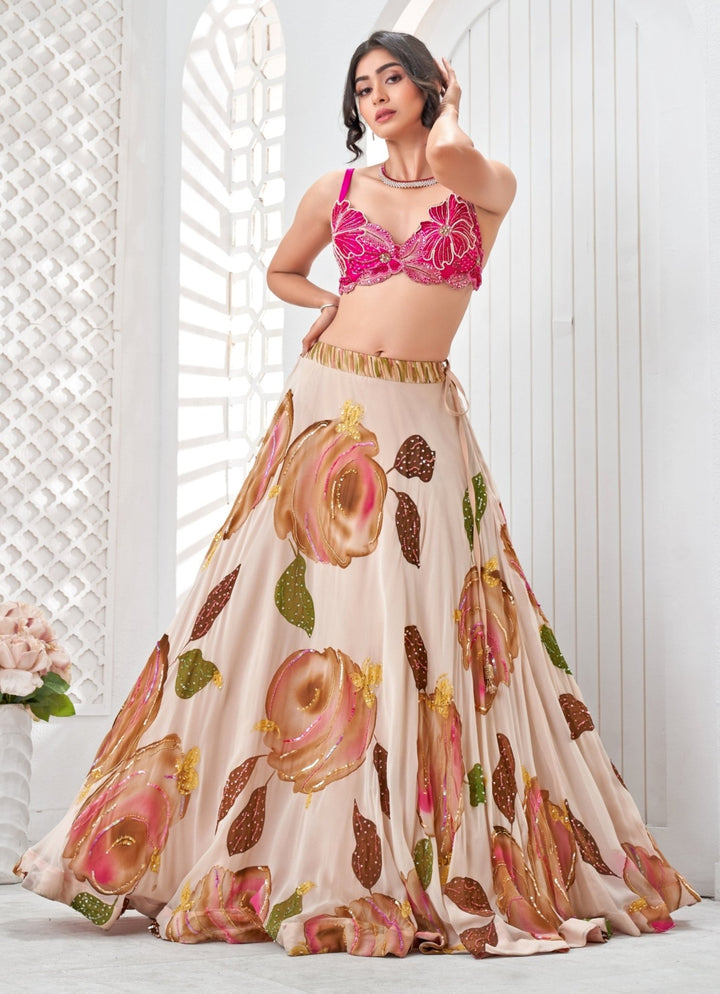 Pastel Pink Hand Painted Georgette Lehenga Set With Bralette Priti Sahni - Fabilicious Fashion