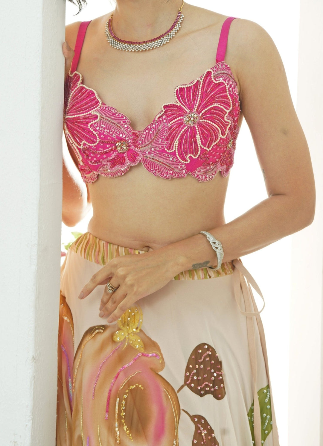 Pastel Pink Hand Painted Georgette Lehenga Set With Bralette Priti Sahni - Fabilicious Fashion